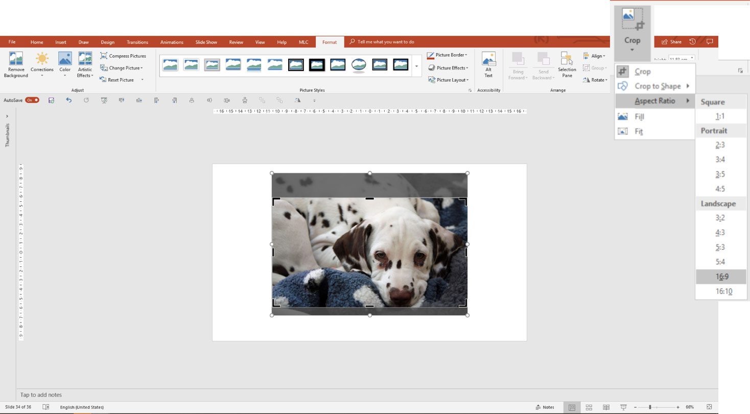 PowerPoint Crop Aspect Ratio menu with 16:9 selected