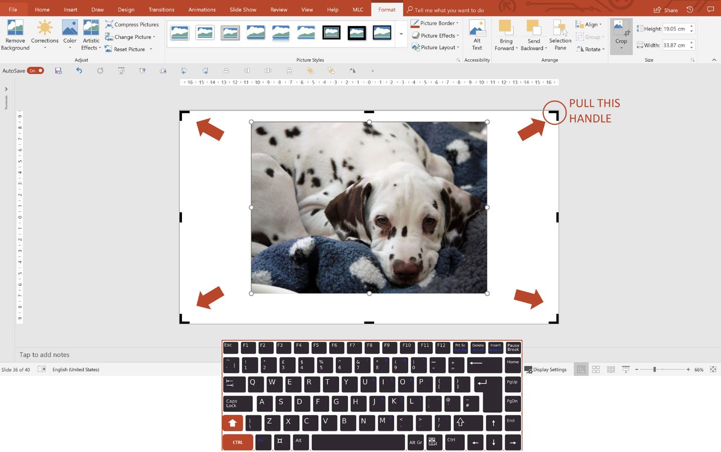 Dragging PowerPoint crop corner handles to match the slide frame