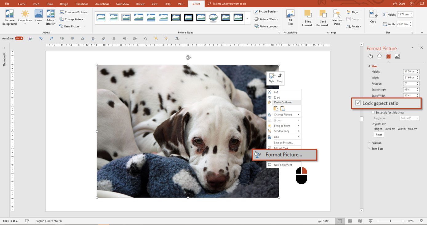 Lock aspect ratio setting in the PowerPoint Format Picture pane