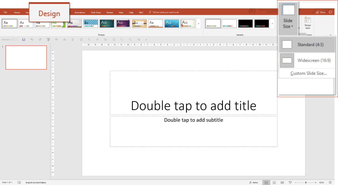 PowerPoint Design tab showing Standard 4:3 and Widescreen 16:9 slide sizes
