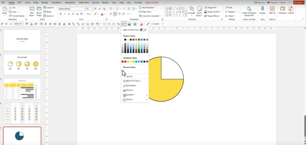Colors menu for changing the filling of the partial circle | MLC