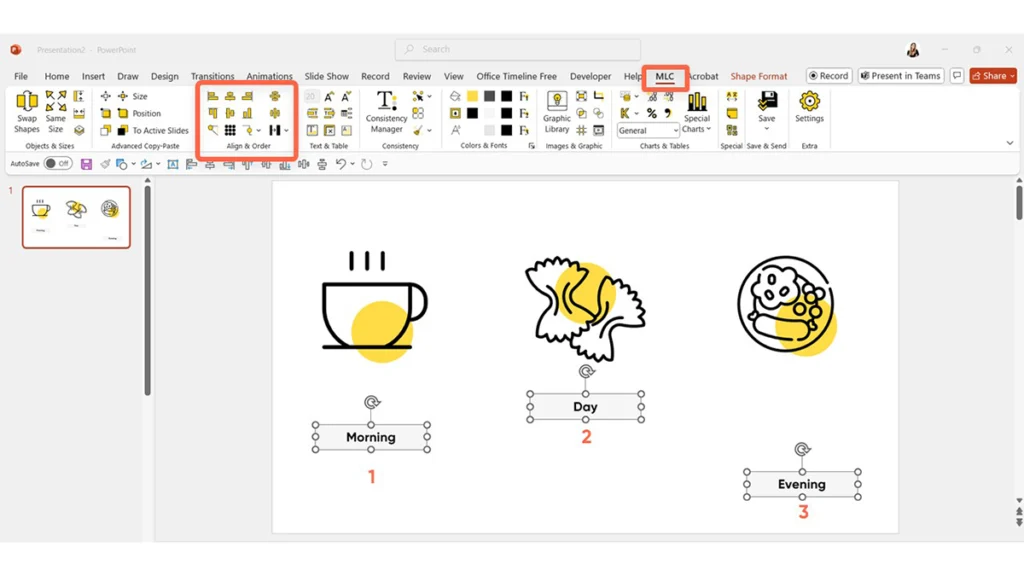 Forme allineate in alto, al centro verticalmente e in basso in PowerPoint