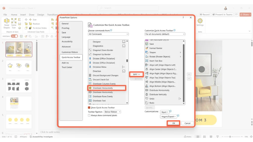 Comandi di allineamento nella Barra di accesso rapido di PowerPoint