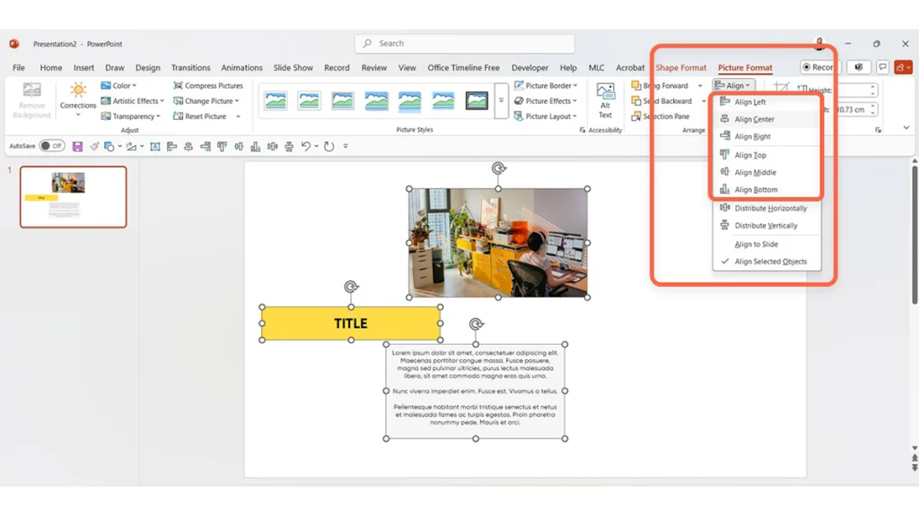 Menu Allinea nella barra multifunzione di PowerPoint