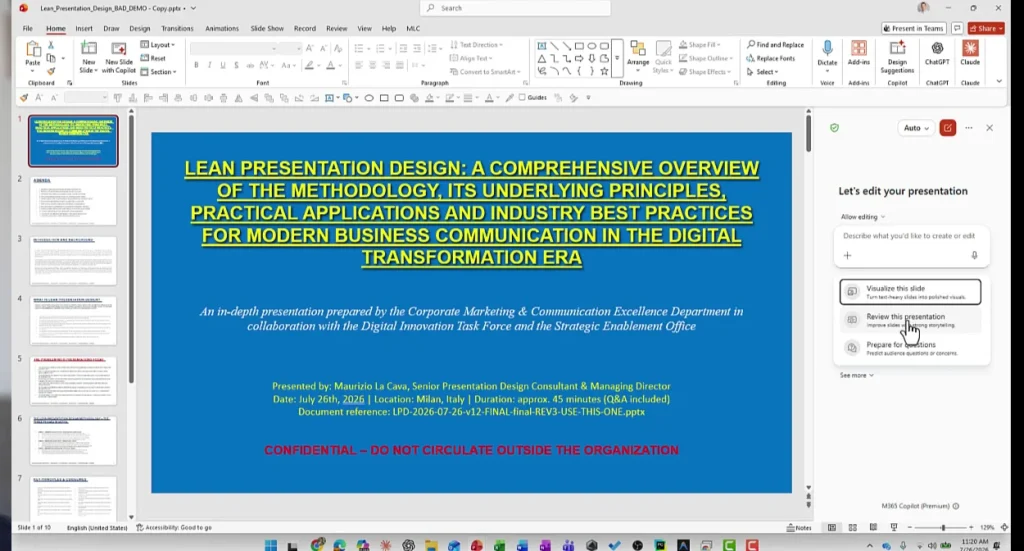The three Copilot Skills in PowerPoint: Visualize this slide, Revise this presentation, Prepare for questions
