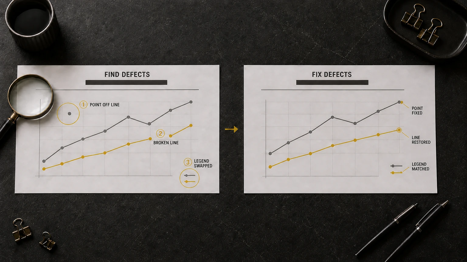 Seiso example: three visual defects are identified on the left and specifically corrected on the right