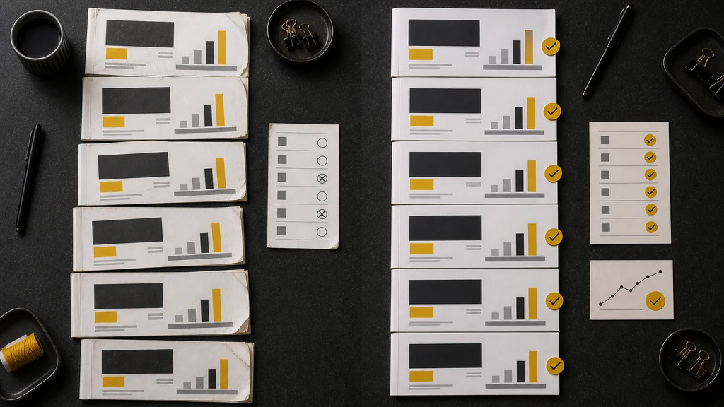 Shitsuke example showing recurring presentation deliveries maintained through a repeated review routine