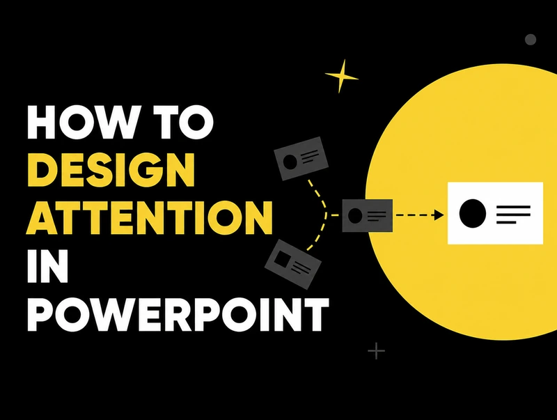 A yellow attention path guides the eye from an entry point to a clear destination on a black background