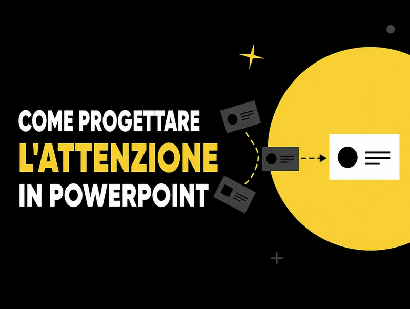 Un percorso giallo guida lo sguardo dal punto di ingresso a una destinazione chiara su sfondo nero