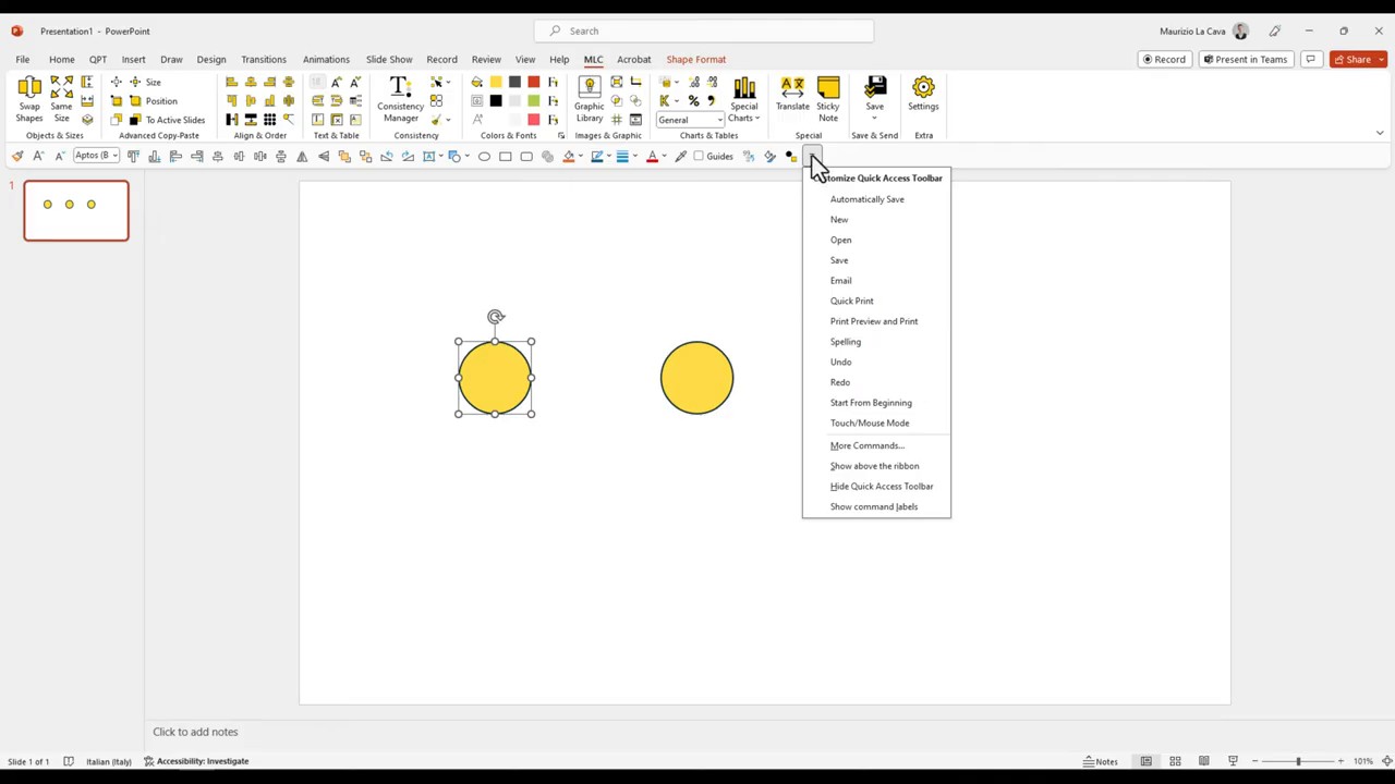 Customize Quick Access Toolbar menu open in PowerPoint with More Commands visible
