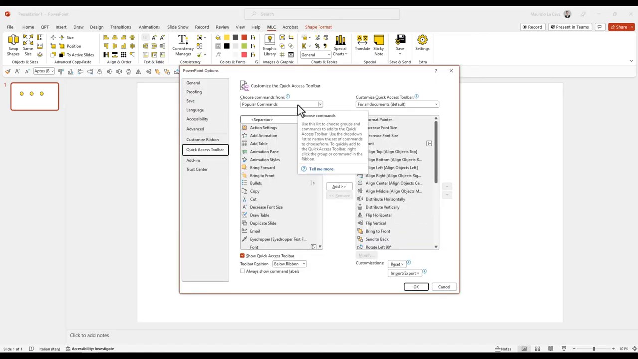 PowerPoint Options dialog for the Quick Access Toolbar with the All Commands list