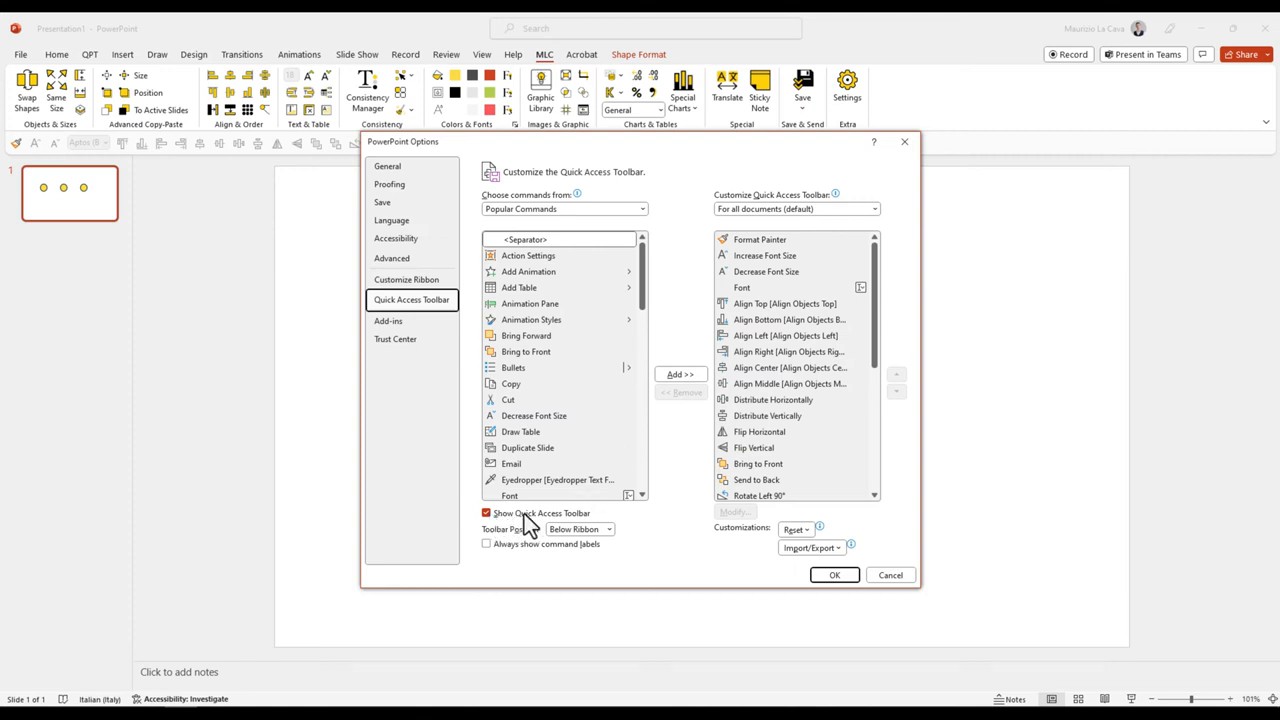 PowerPoint Options checkbox for showing the Quick Access Toolbar below the ribbon