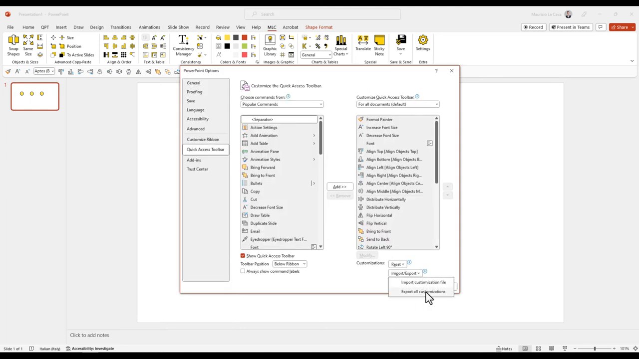 Export all customizations command in PowerPoint Quick Access Toolbar options