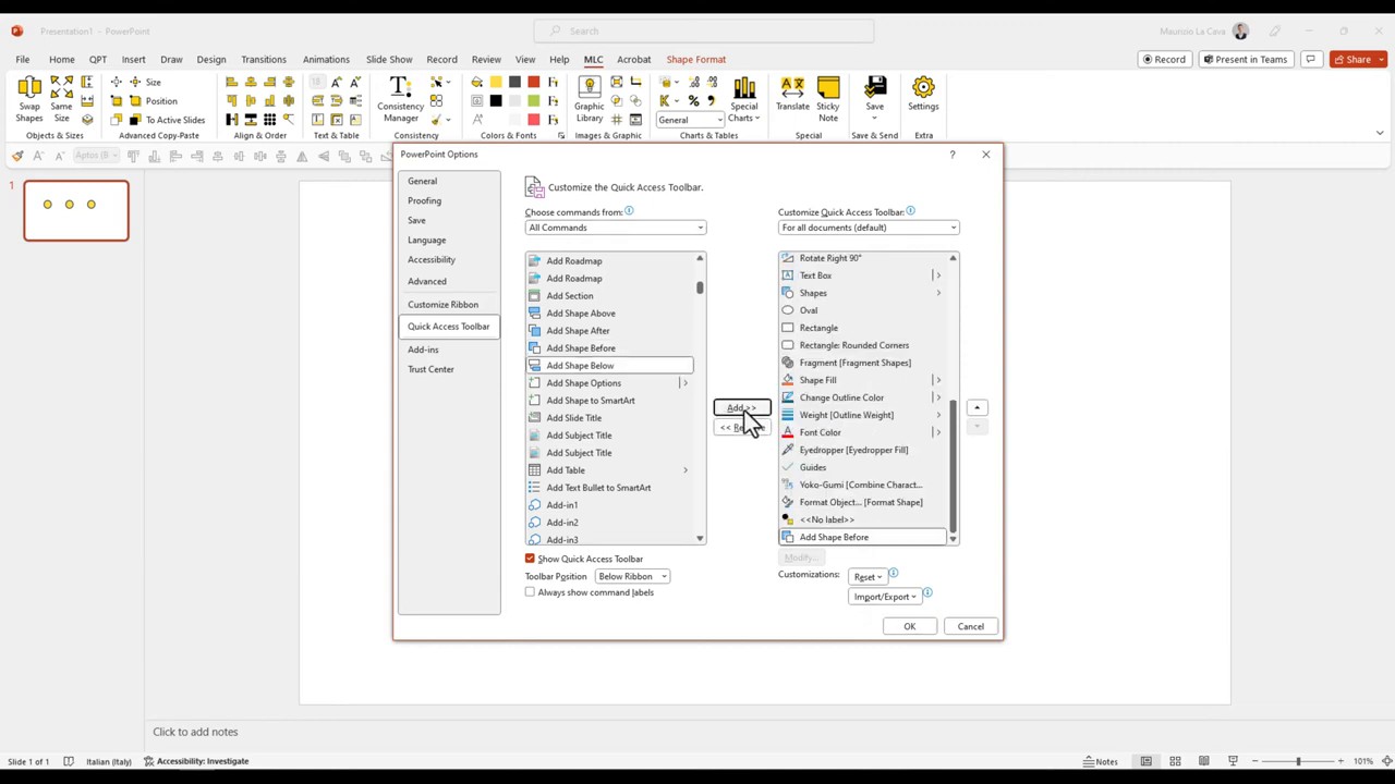 Adding and reordering a command in the PowerPoint Quick Access Toolbar options