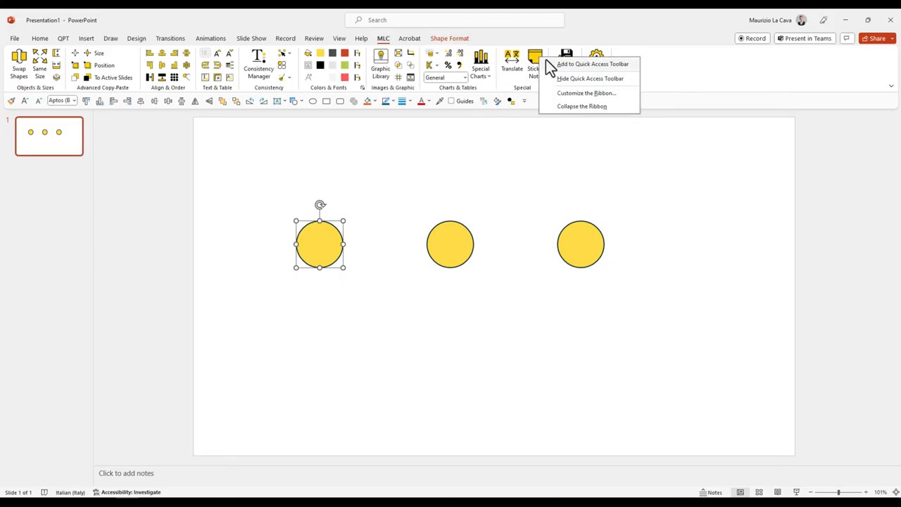 PowerPoint ribbon context menu with Add to Quick Access Toolbar