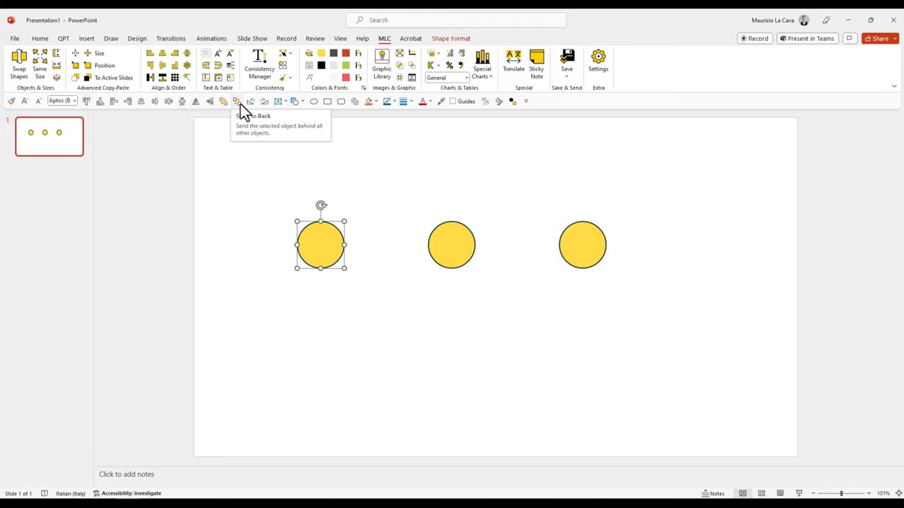 Quick Access Toolbar commands active after selecting a slide object
