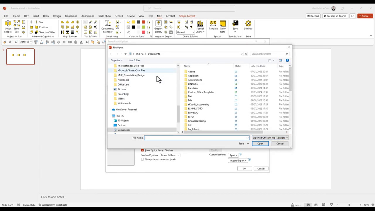 PowerPoint file picker used to import a Quick Access Toolbar customization file