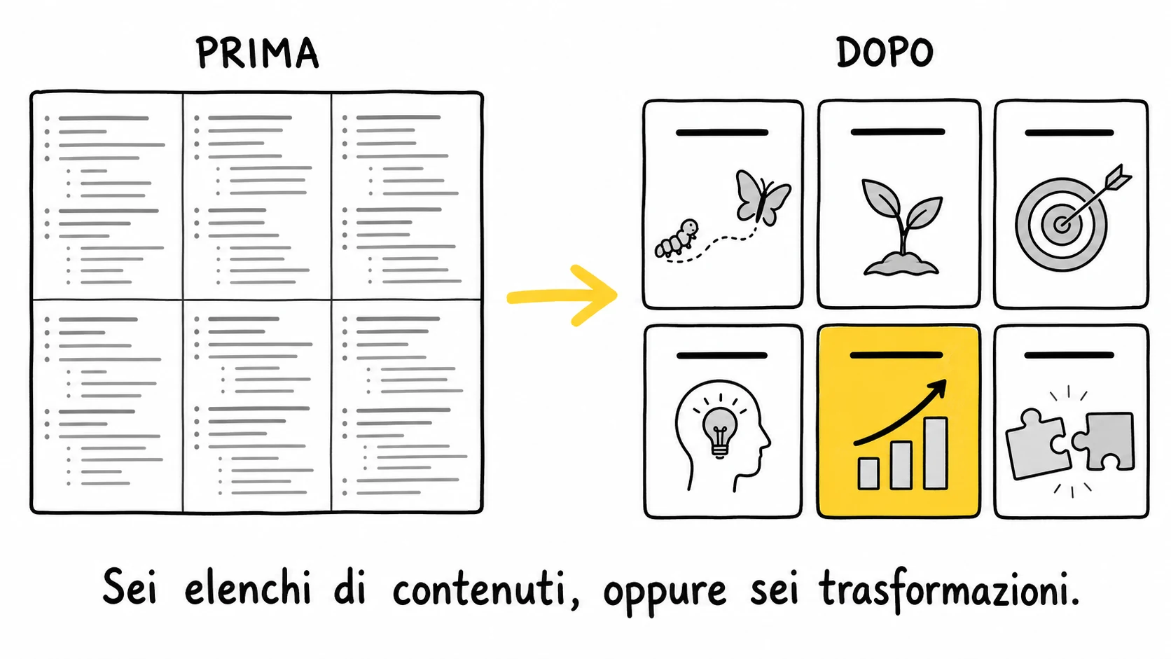 Before and after comparison: a slide full of lists becomes a sequence of six visual transformations.