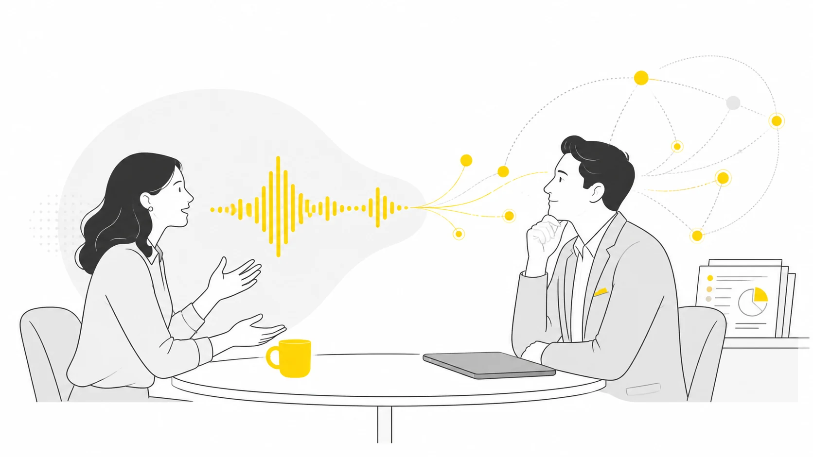 A professional speaks while the interlocutor listens; the slides remain in the background.