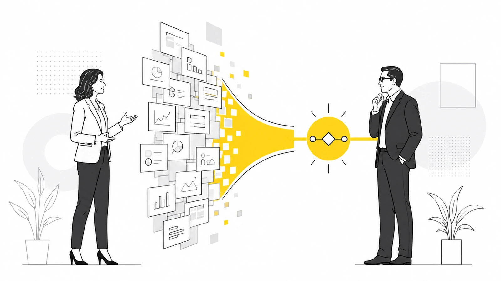 Two professionals turn a wall of slides into a clear path to a shared decision.