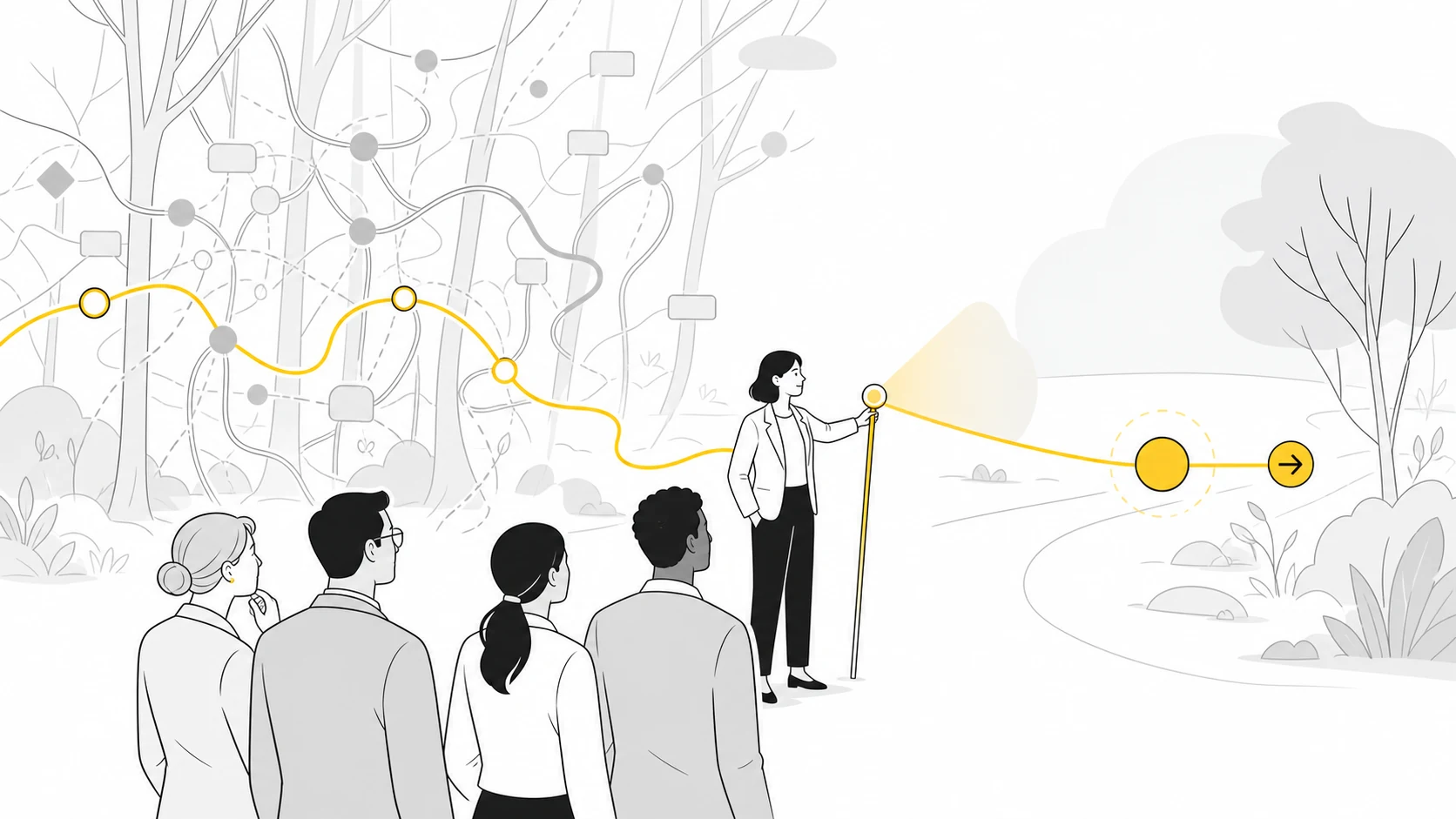 A guide leads a group through a forest of complex paths to a clear decision point.