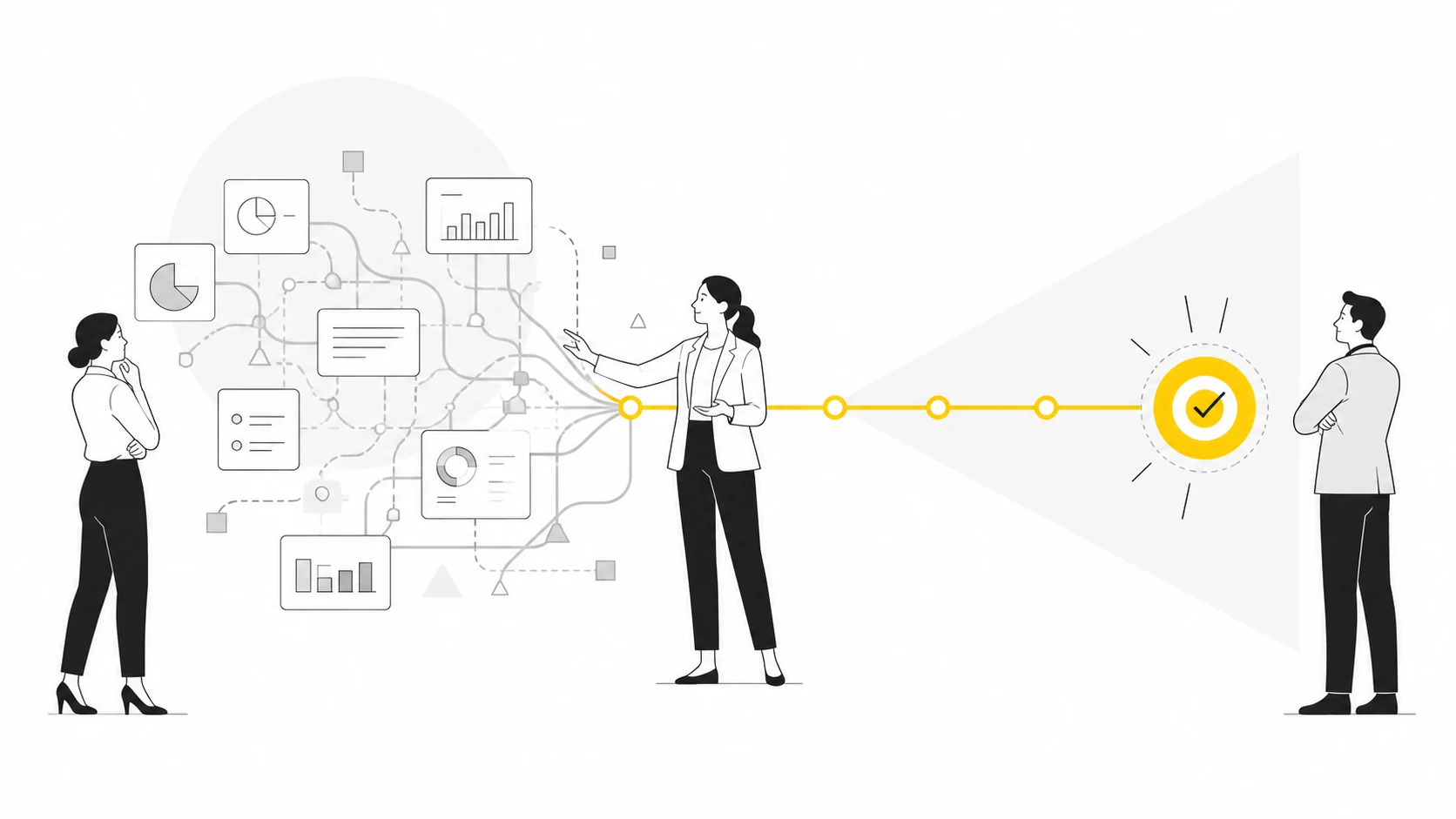 A professional transforms complex slides and paths into a clear line towards a decision.
