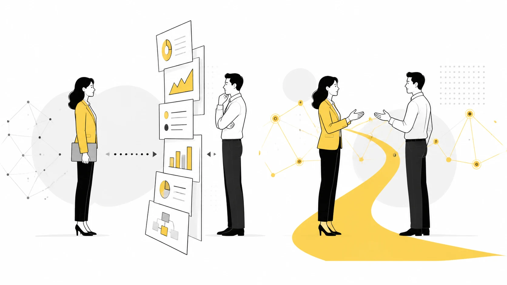 Two interlocutors move from a barrier of slides to a direct dialogue, connected by a yellow path.