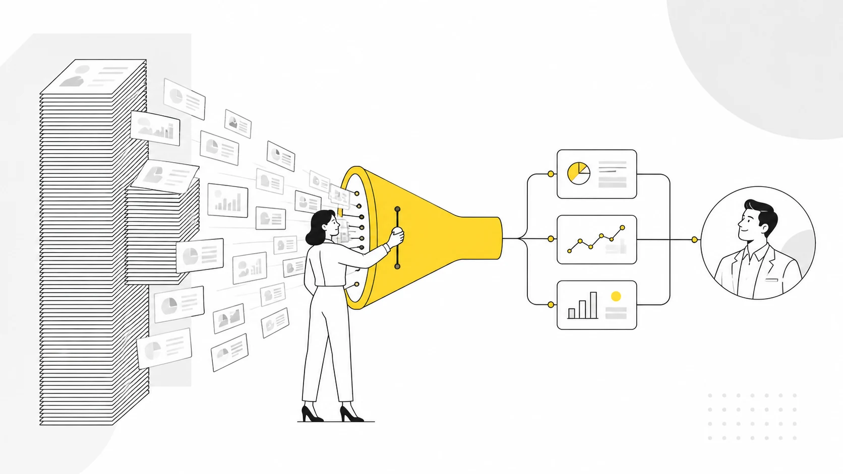 A large archive of slides is filtered into three pieces of content relevant to a specific customer.
