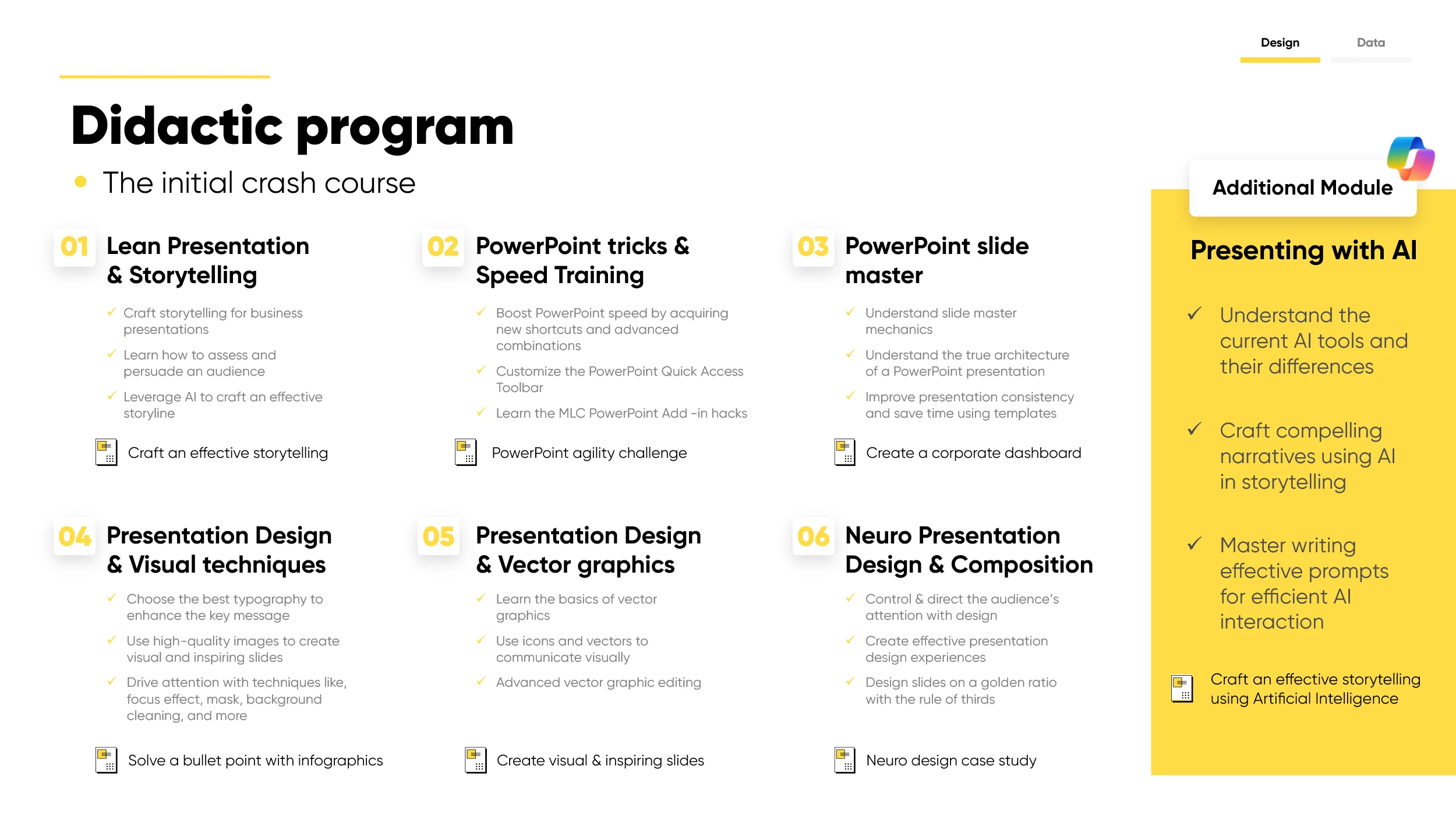 Original course-program slide: six dense bullet-point lists arranged in a three-by-two grid.