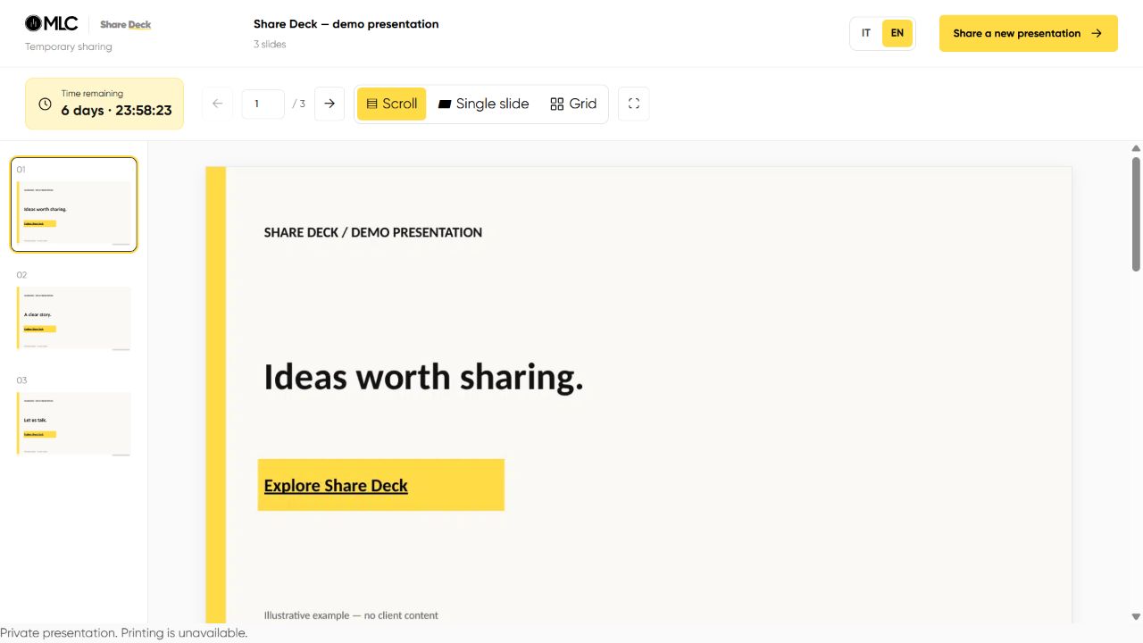 Share Deck viewer displaying a demo slide, navigation controls and time remaining