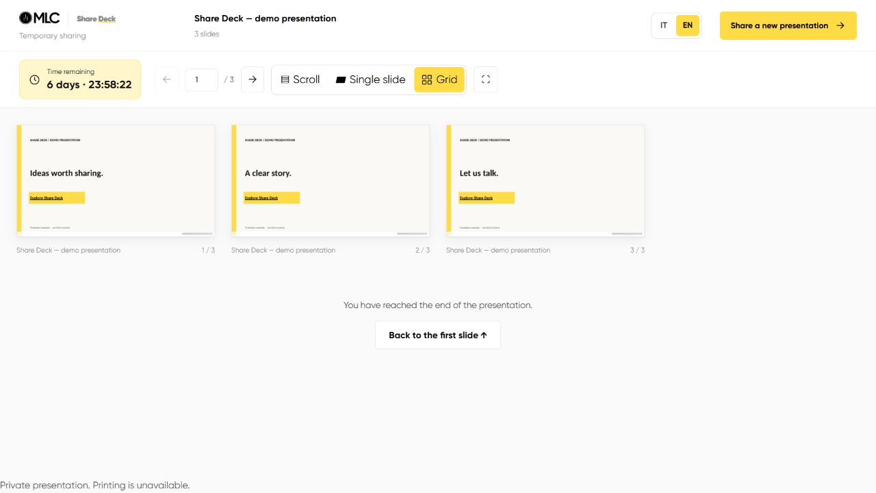 Share Deck grid view displaying three demonstration slides