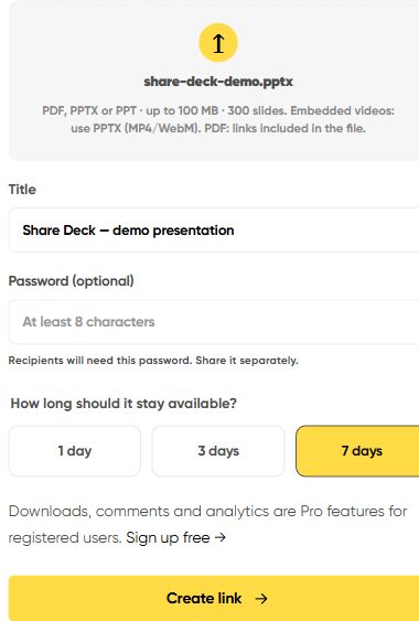 Modulo di upload Share Deck con titolo, password facoltativa e durata di sette giorni